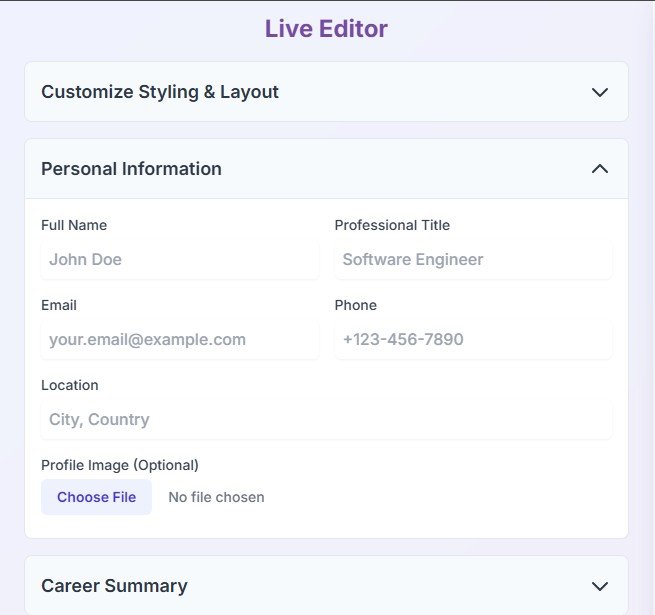 Screenshot of the main CV form with accordion sections