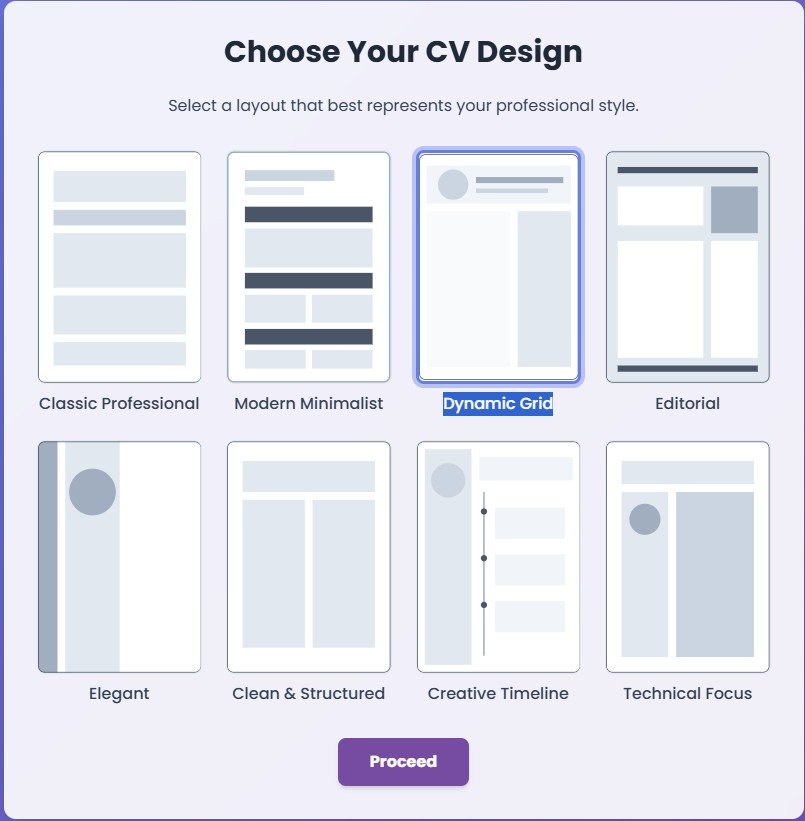 Screenshot of the CV design selection screen