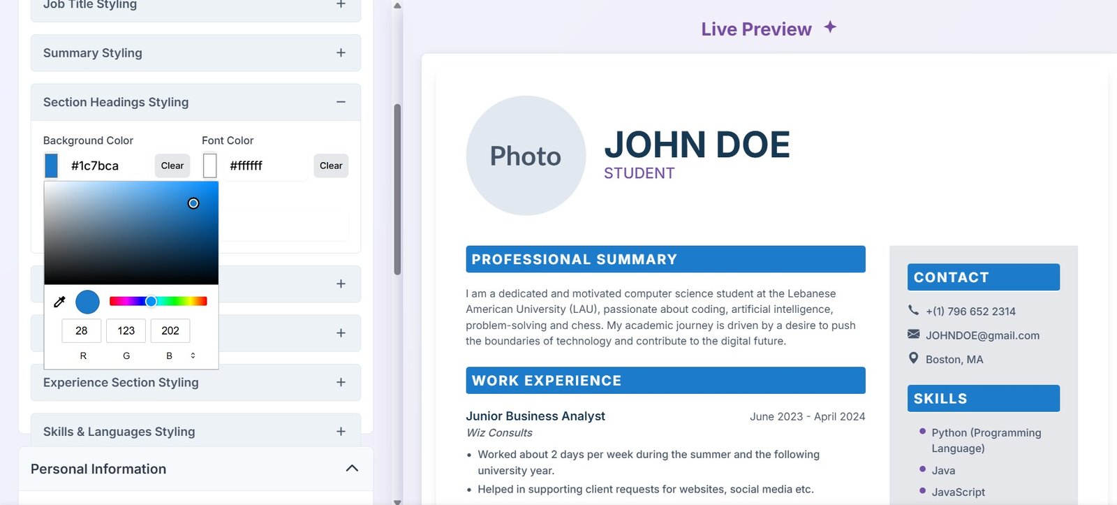 Screenshot of the color picker interface with live preview