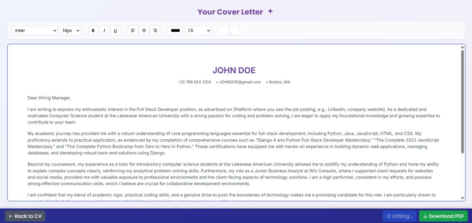 Screenshot of the cover letter editor with formatting toolbar