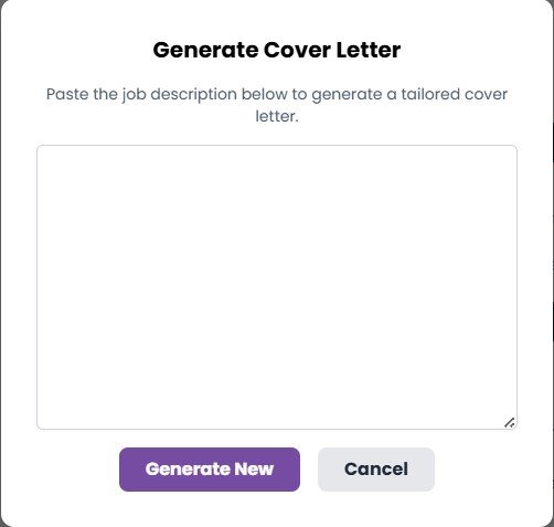 Screenshot of the cover letter generation modal with job description input