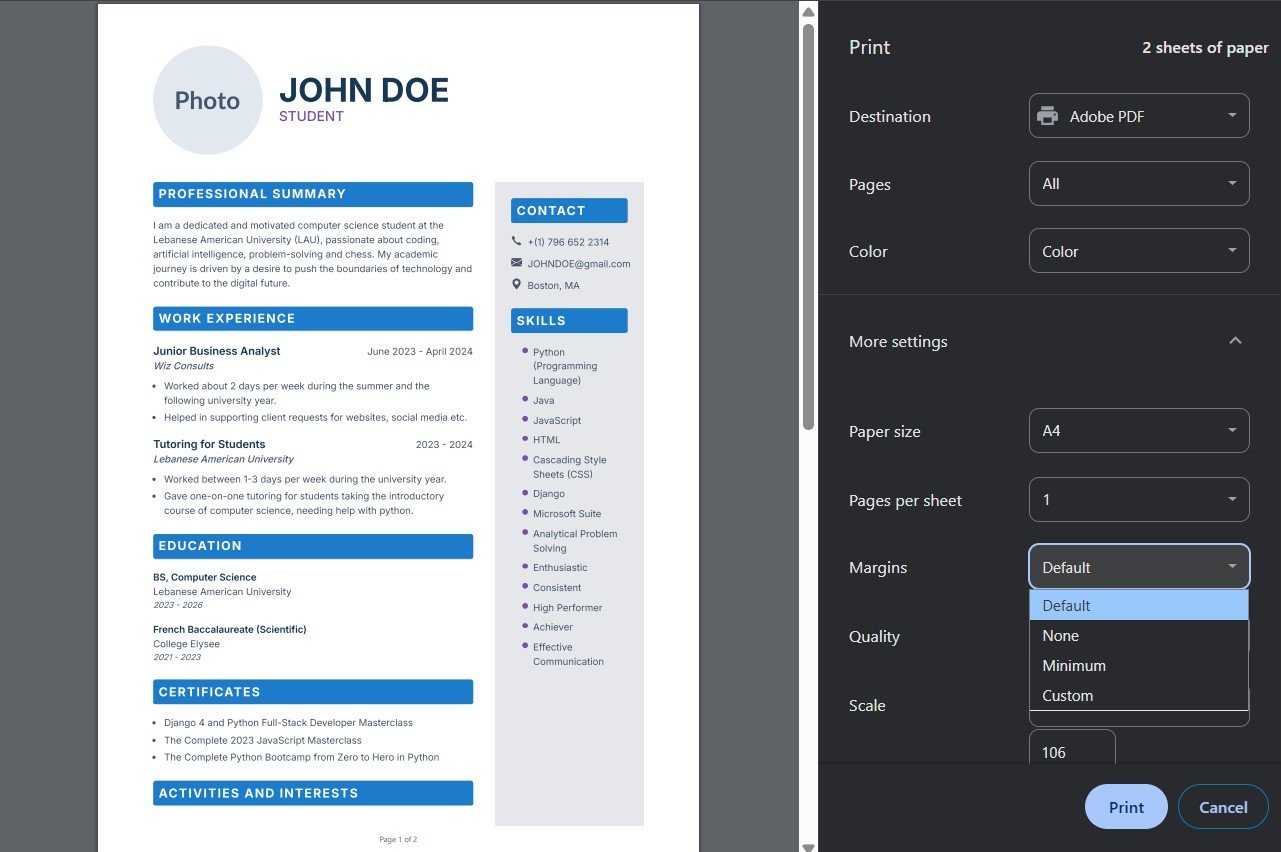 Screenshot of browser print dialog with correct settings highlighted