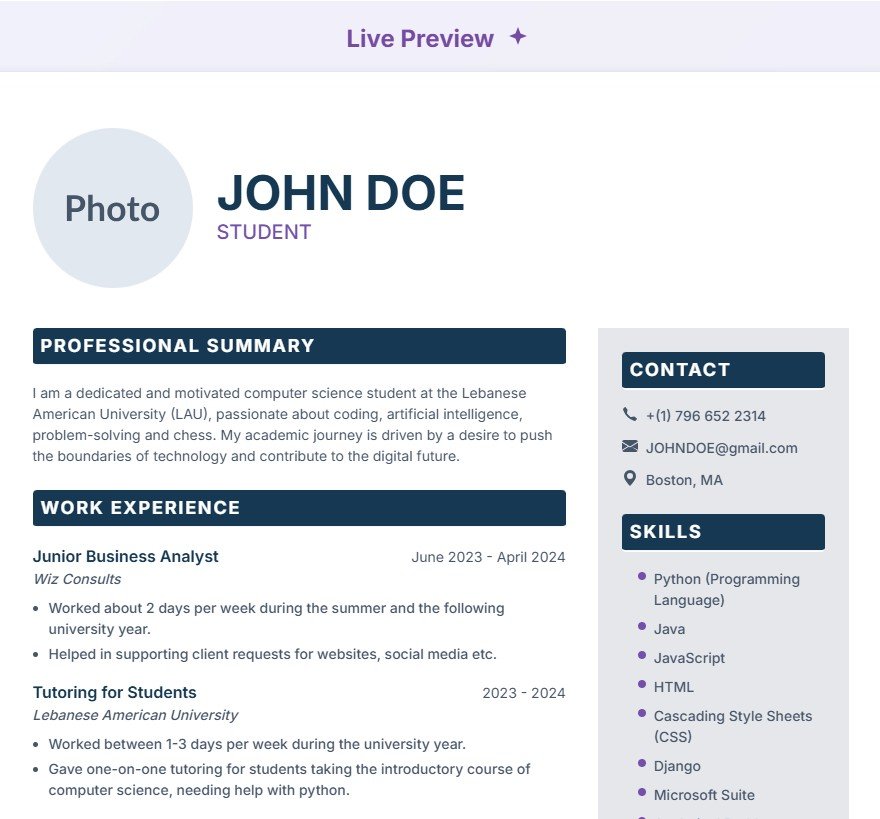 Screenshot showing the split-screen view with form on left and live CV preview on right