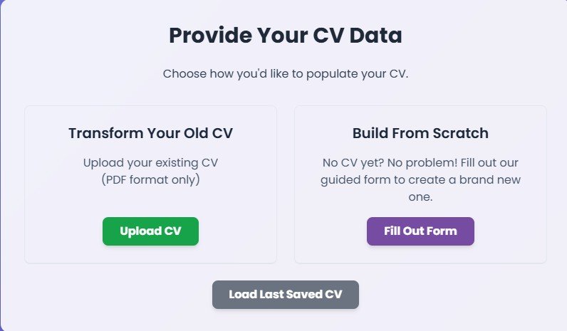 Screenshot of the data entry choice screen, highlighting the Upload CV option